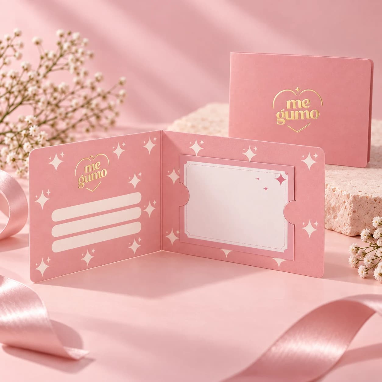 Porta Gift Card tipo díptico personalizado para Megumo en rosa y dorado