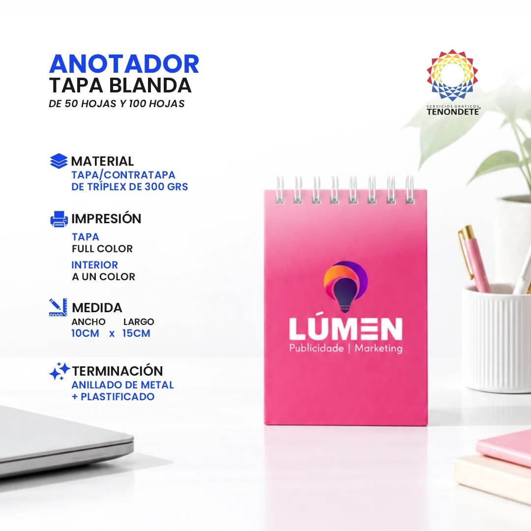 Anotador tapa blanda 10 x 15 cm, tapa full color, anillado de metal