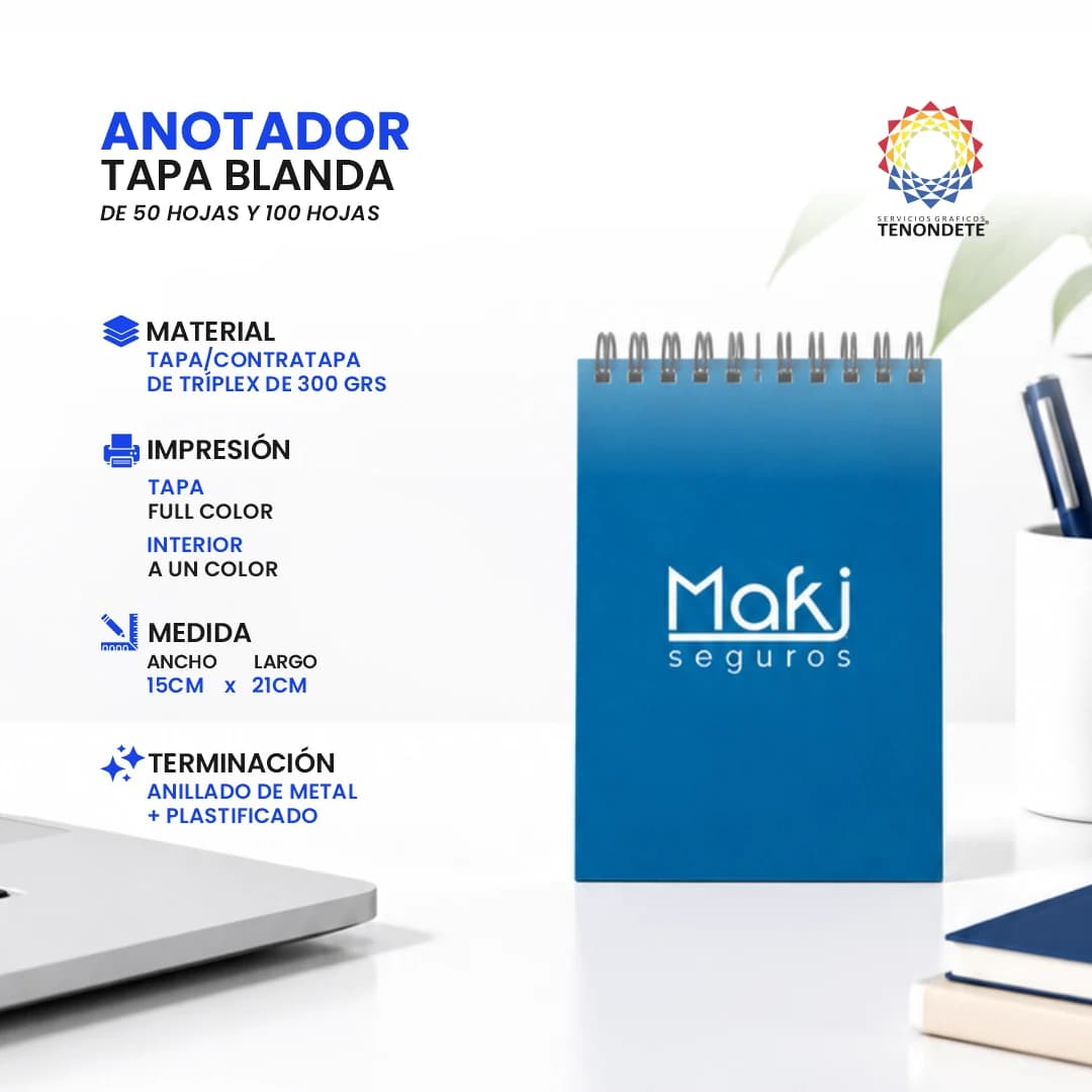Anotador tapa blanda 15 x 21 cm, tapa full color, anillado de metal